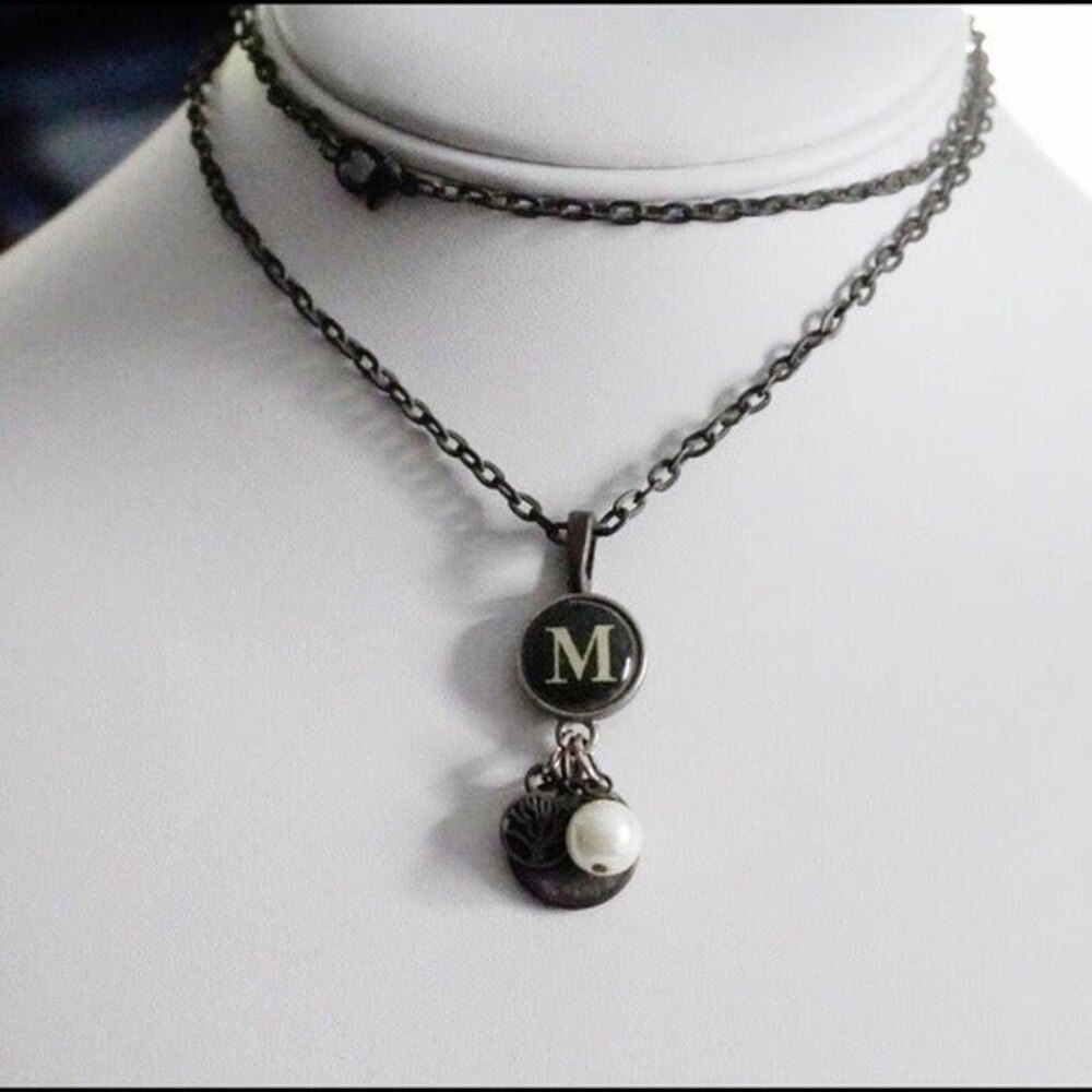M Initial Love Tree of Life Pendant Necklace Antiqued Gold Tone